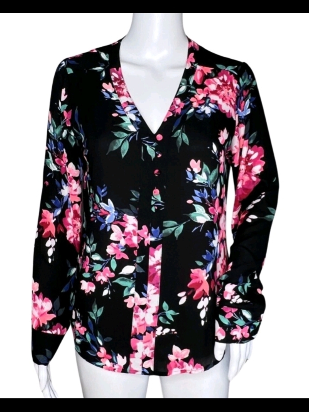 Women's Black Floral V-Neck Blouse - Pink Floral Print By Express Petite Small